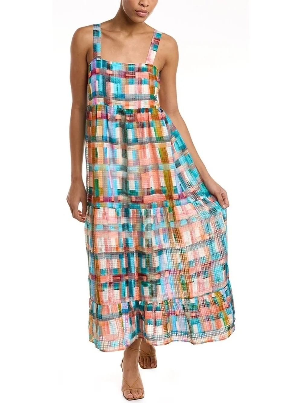Marie Oliver Multicolor Colorful Plaid Linen Silk Sleeveless Petra Maxi Dress SM